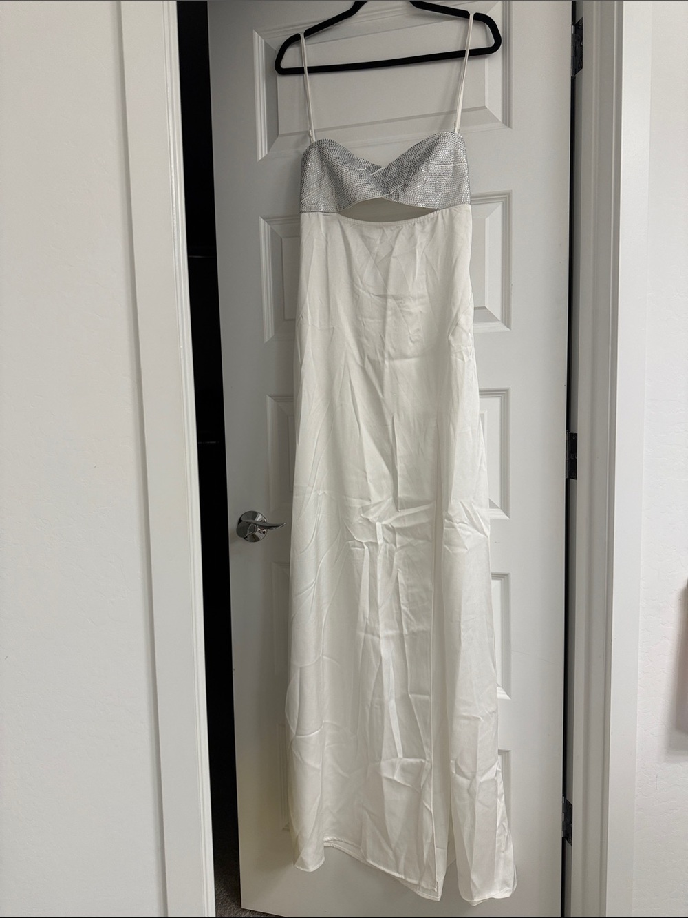 Elegant White Prom Gown with Silver Sparkle Bodice